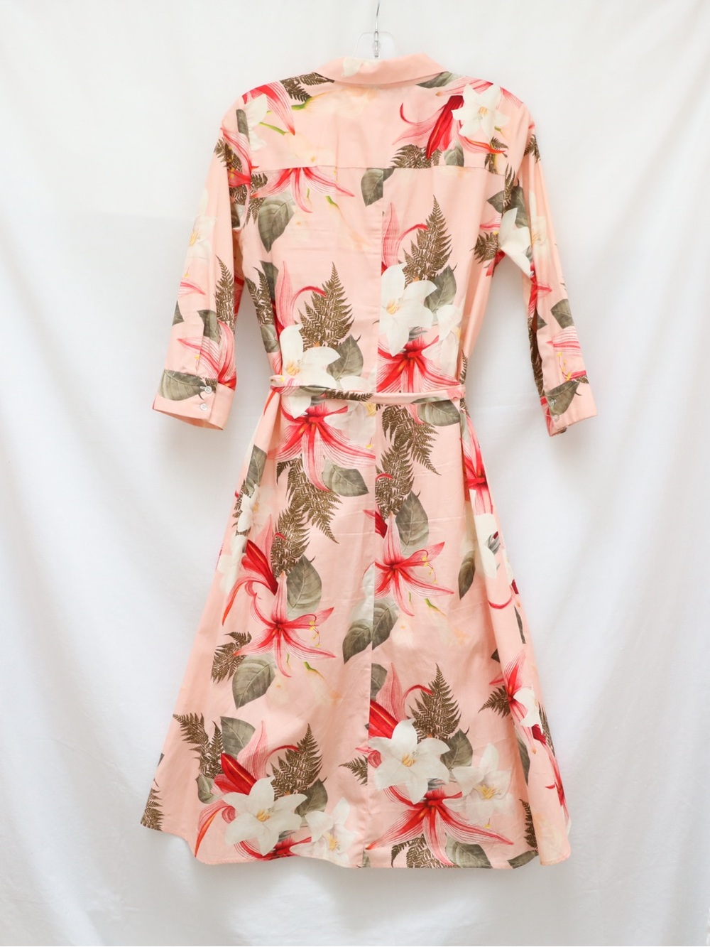 Zara Pink Tropical Floral Print Shirt dress Midi length M Medium Resortwear belt - Picture 4 of 9